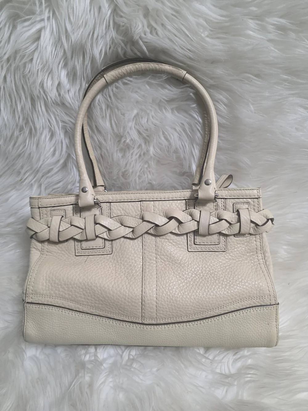 Coach Cream Braided Leather Tote with Tassel Charm